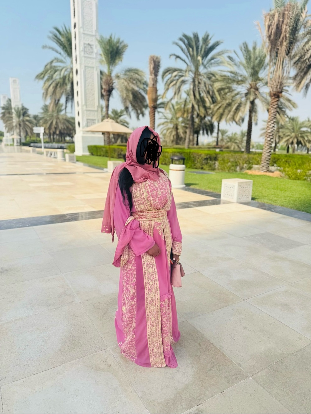 Embroidered Pink Traditional Maxi hijab dress with Belt